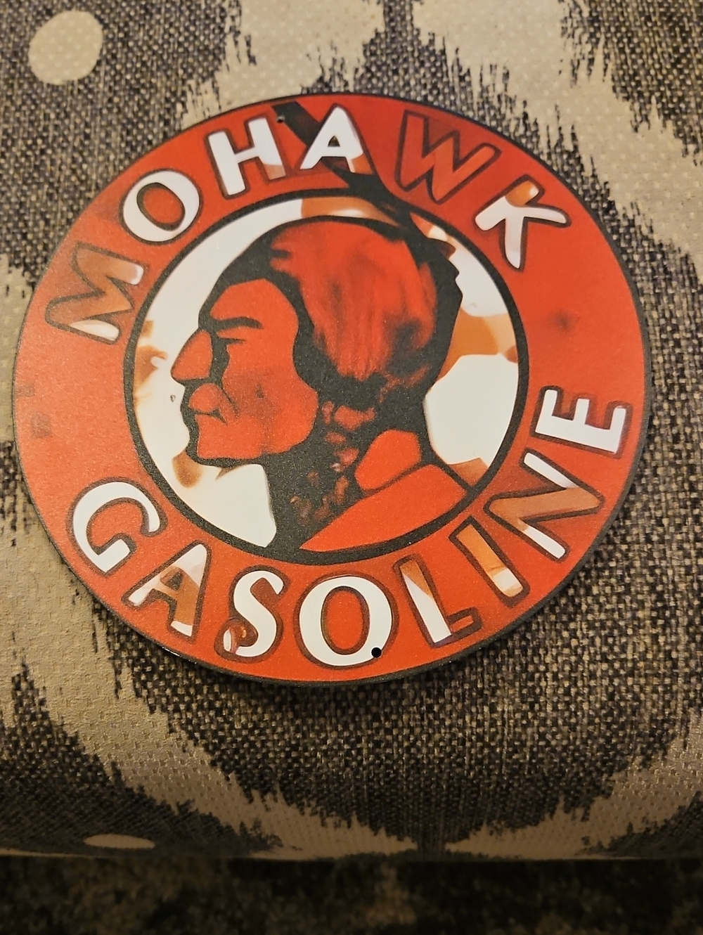 Mohawk Gasoline Vintage Round Tin Sign - Red & White